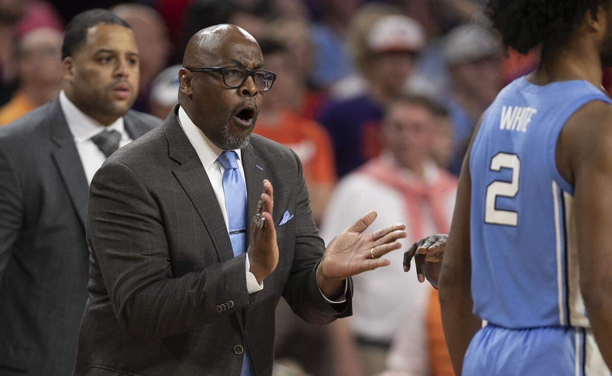 North Carolina assistant coach Steve Robinson directs the Tar Heels’ during the second half against Clemson on Saturday, March 2, 2019 at Littlejohn Coliseum in Clemson, S.C. Robinson stepped in for head coach Roy Williams who suffered a vertigo attack in the first half and did not return to the game.