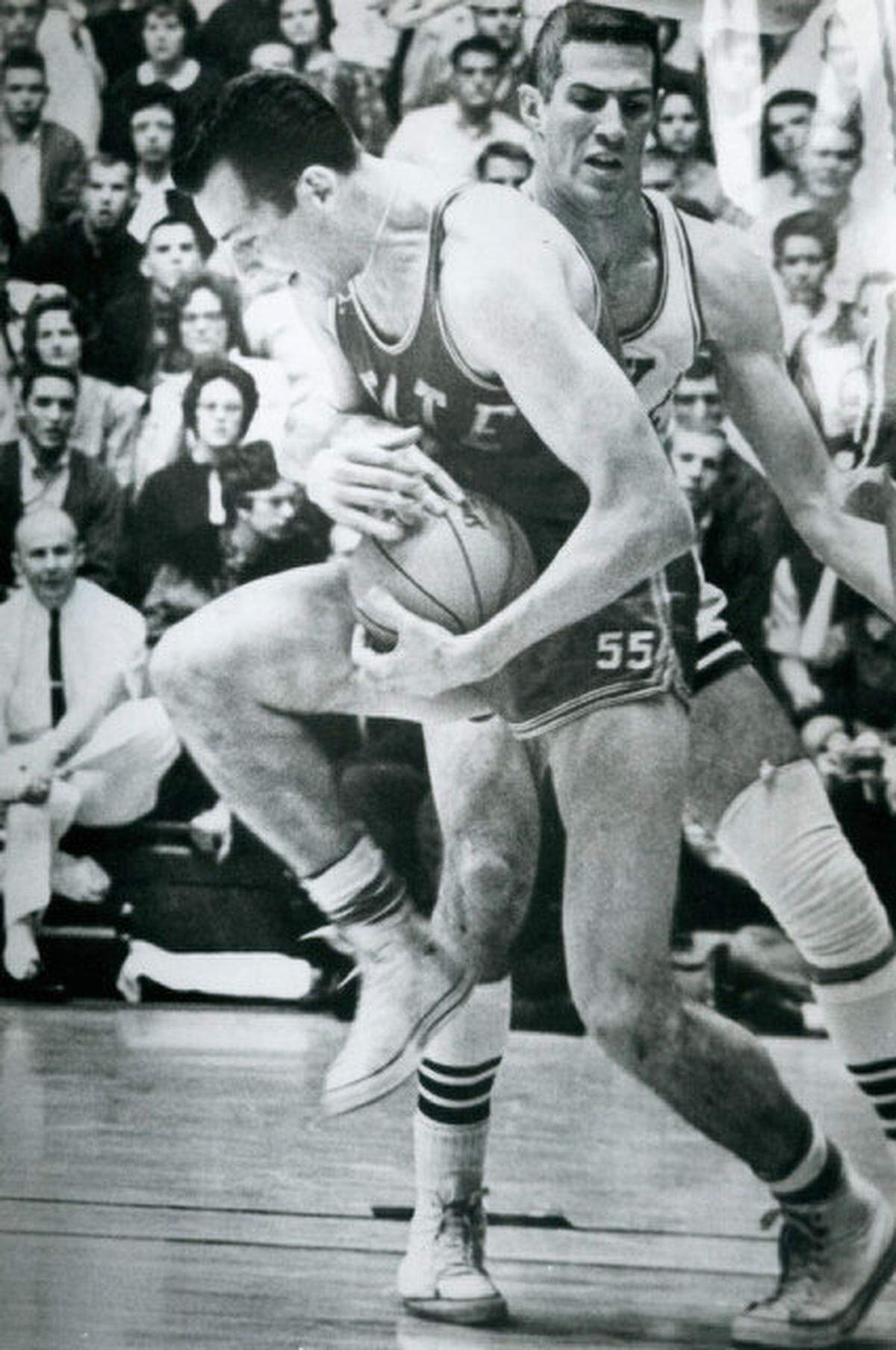 Duke's Art Heyman (right) battles with N.C. State's Pete Auksel in a 1963 game.