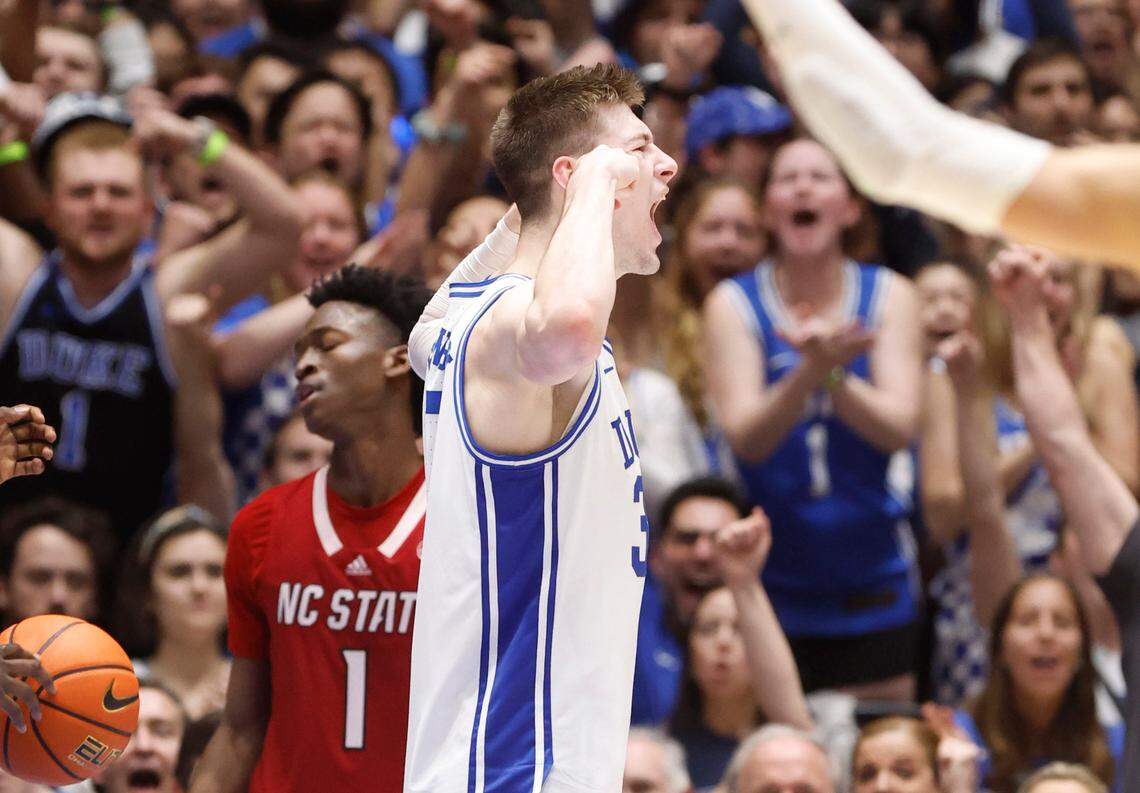 Duke’s Kyle Filipowski (30) celebrates after making the basket while being fouled during the second half of Duke’s 71-67 victory over N.C. State at Cameron Indoor Stadium in Durham, N.C., Tuesday, Feb. 28, 2023.