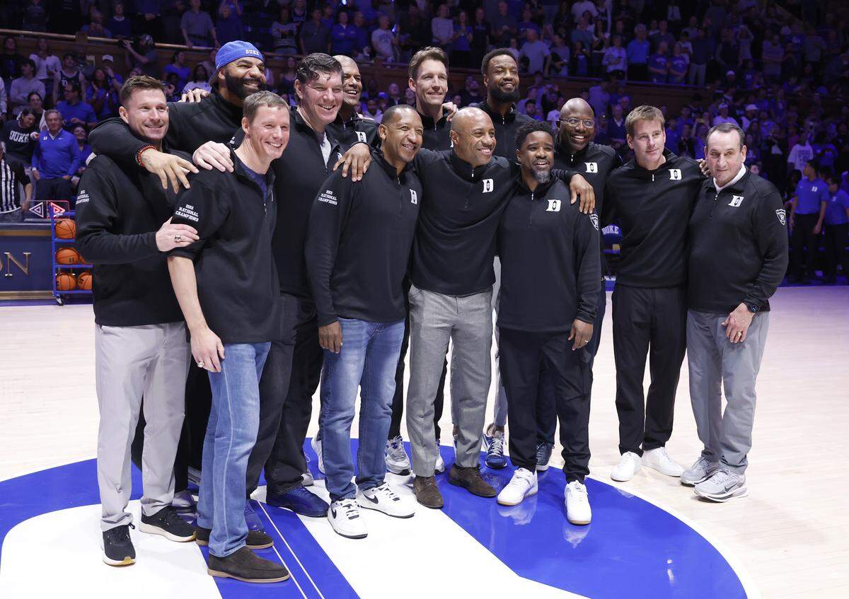 Members of the 2001 Duke national championship team are recognized at halftime of  Duke’s game against SMU at Cameron Indoor Stadium in Durham, N.C., Saturday, Jan. 10, 2026.