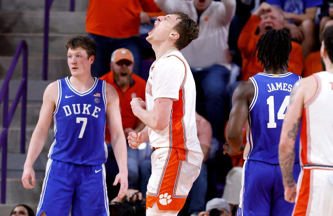 Clemson’s Viktor Lakhin (0) celebrates after making the basket while being fouled during the second half of Clemson’s 77-71 victory over Duke at Littlejohn Coliseum in Clemson, S.C., Saturday, Feb. 8, 2025.