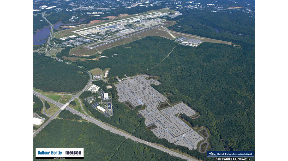 A rendering of what Park Economy 3 will look like when Raleigh-Durham International Airport finishes adding 7,000 spaces. The airport’s largest remote parking lot will have about 11,000 spaces. That’s Interstate 40 and the Aviation Parkway interchange in the foreground.
