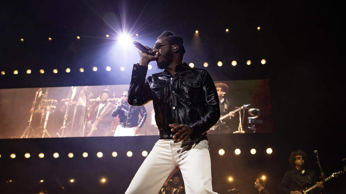 Leon Bridges opens his show at Red Hat Amphitheater in Raleigh, N.C., Friday night, Sept. 12, 2025.