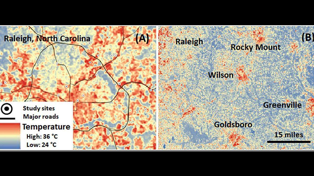 This heatmap from August 2007 shows how Raleigh and other urban areas are warmer than more rural areas.