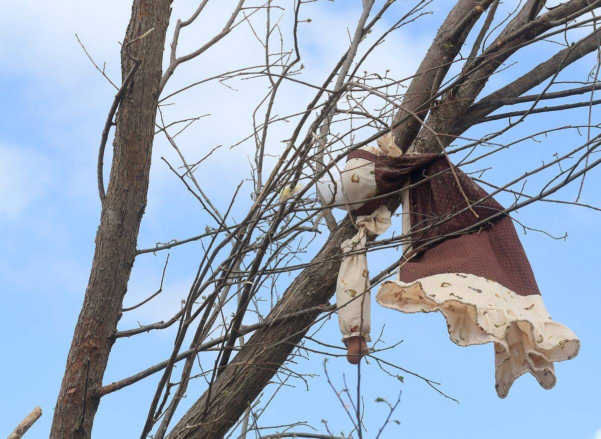 A doll is caught in the branches of a tree in Greensboro on Monday. A tornado ripped through this eastern Greensboro neighborhood destroying dozens of homes on Sunday evening.