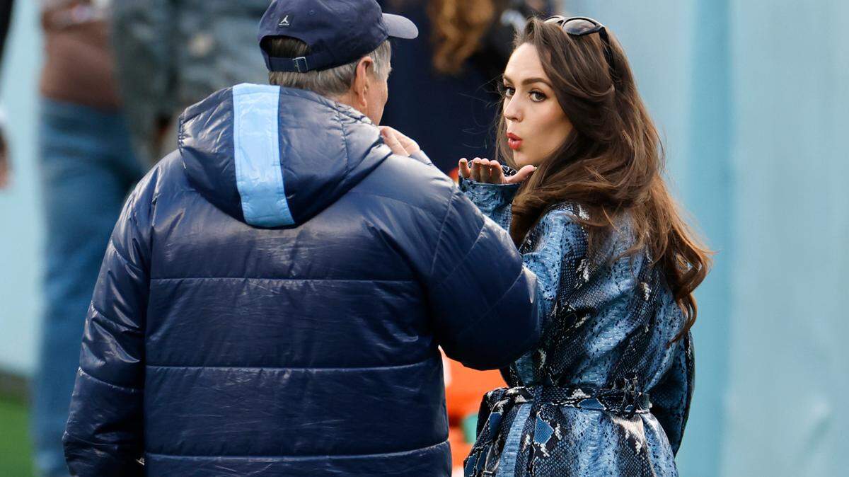 Jordon Hudson blows a kiss to North Carolina head football coach Bill Belichick before UNC football’s Practice Like a Pro open practice at Kenan Stadium in Chapel Hill, N.C., Saturday, April 12, 2025.