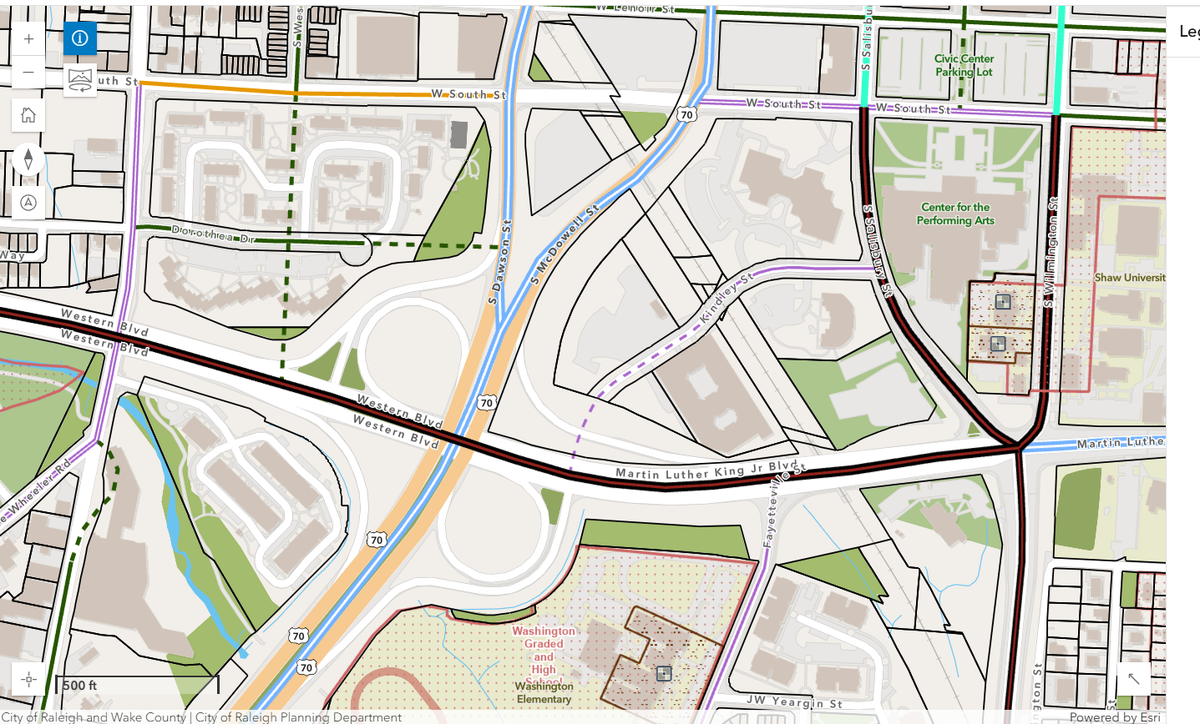 Raleigh’s Comprehensive Plan shows a dotted line where Kindley Street will be extended to Martin Luther King Jr. Boulevard on the southern edge of downtown.