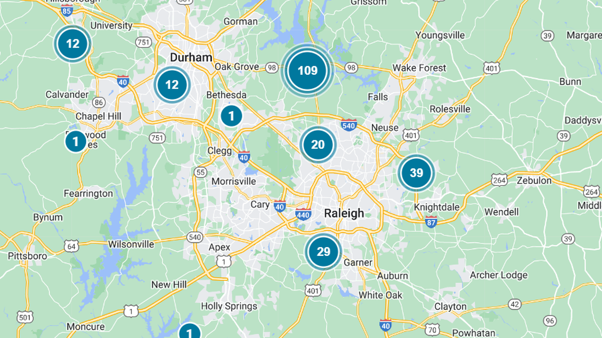 A Duke Energy power outage map shows only a few dozen in the Triangle remained without power, Sunday, December 25, 2022.