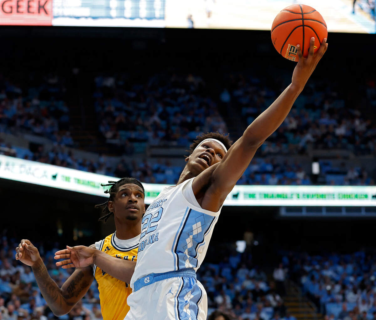 North Carolina’s Ven-Allen Lubin pulls in a rebound during the first half of the Tar Heels’ 93-67 win over La Salle on Saturday, Dec. 14, 2024, at the Smith Center in Chapel Hill, N.C.