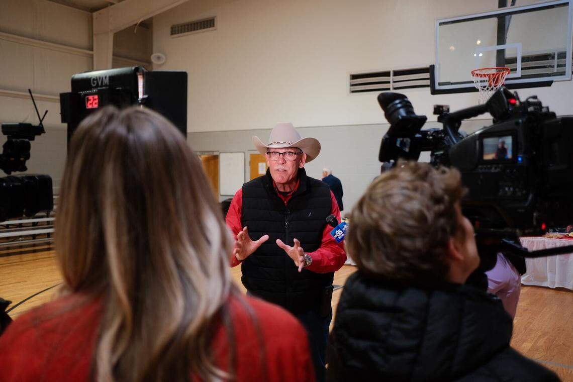 Rockingham County Sheriff Sam Page speaks to the news media at a primary election night watch party at Oak Level Baptist Church in Stokesdale, North Carolina, on March 3, 2026.