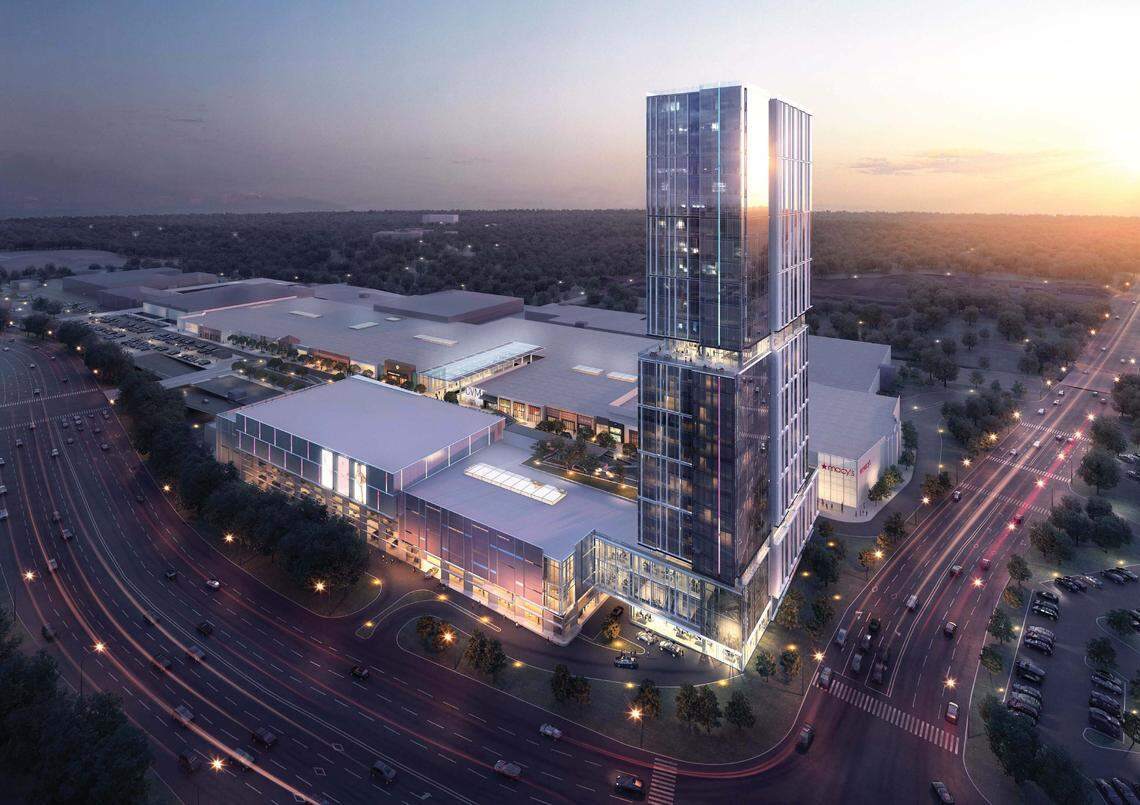 A rendering designed to show where a 30-story tower would be located at Crabtree Valley Mall.