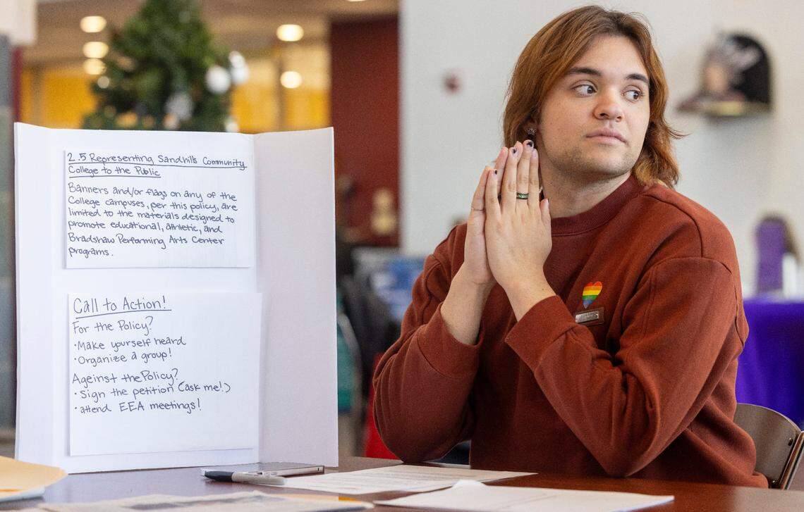 Sandhills Community College student Evan Higginbotham heads up a petition drive to change the banner policy at the college on Tuesday, November 28, 2023, at the Dempsey Student Center in Southern Pines, N.C. Earlier this year the college’s board voted to limit the types of banners that could be hung on campus.