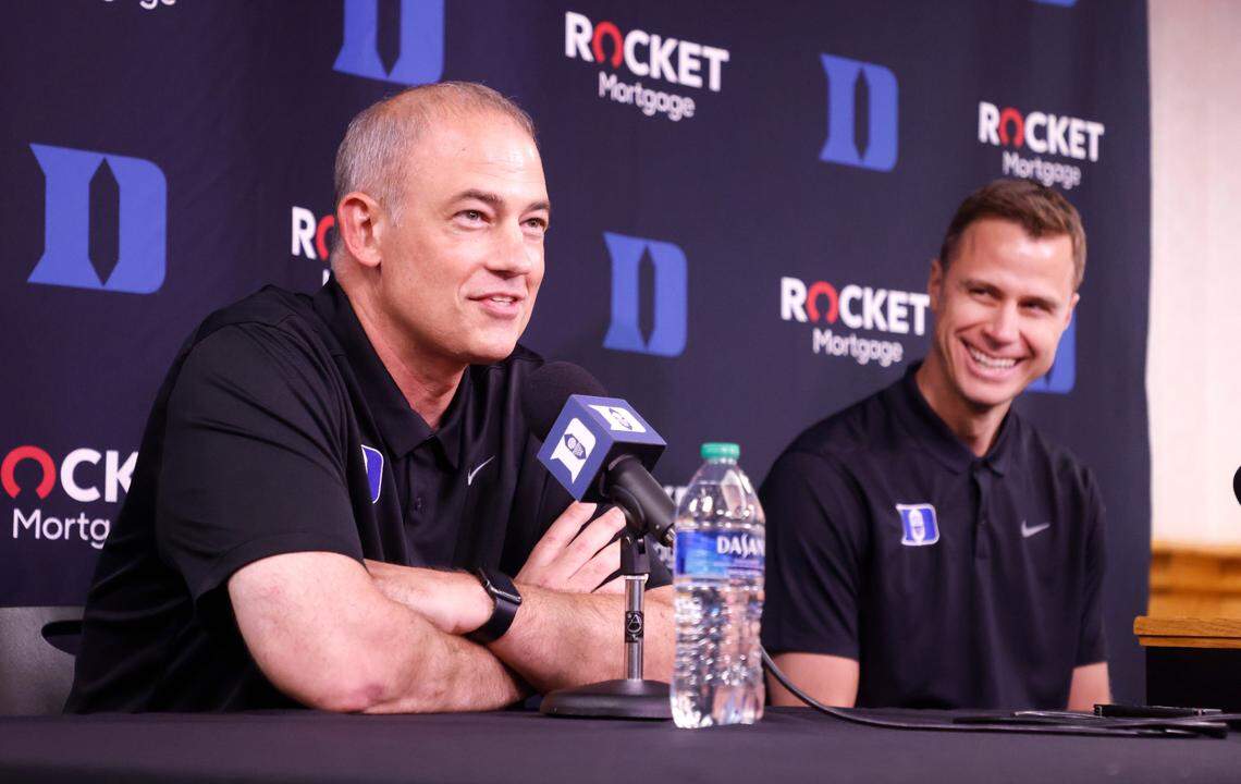 Duke’s Mike Schrage, special assistant to the head coach, smiles while answering a question during a media availability at Cameron Indoor Stadium in Durham, N.C., Tuesday, May 3, 2022.