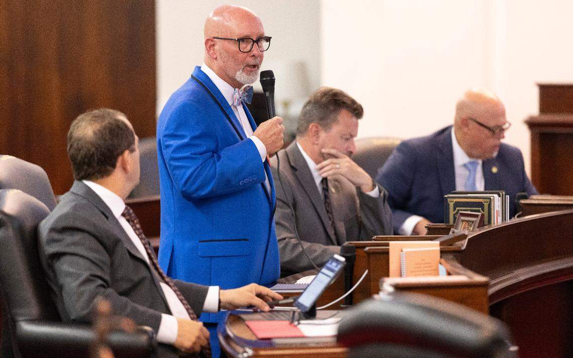 Senator Bobby Hanig offers a fifth amendment to HB 442, in a effort to remove the amendment to prohibit shrimp trawling in all inshore fishing waters and within one-half mile of the shoreline, during the Senate session on Wednesday, June 18, 2025 at the N.C. General Assembly in Raleigh, N.C. The amendment was defeated.