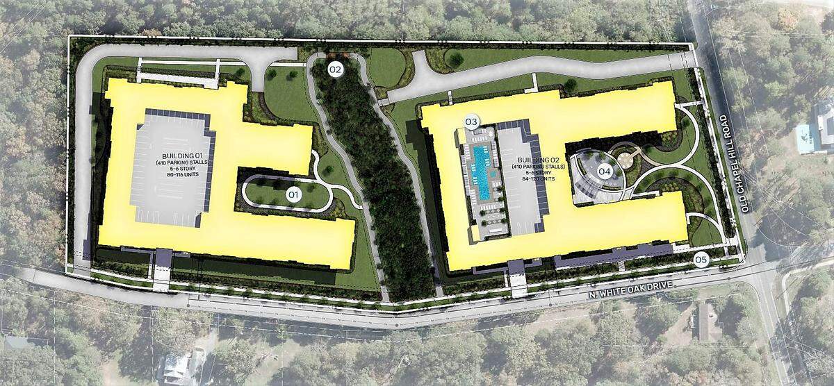 A preliminary site plan shows two five- to six-story apartment buildings at the corner of White Oak Drive and Old Chapel Hill Road, near the Chapel Hill town limits in Durham County. A stream buffer through the center of the site would remain undeveloped.