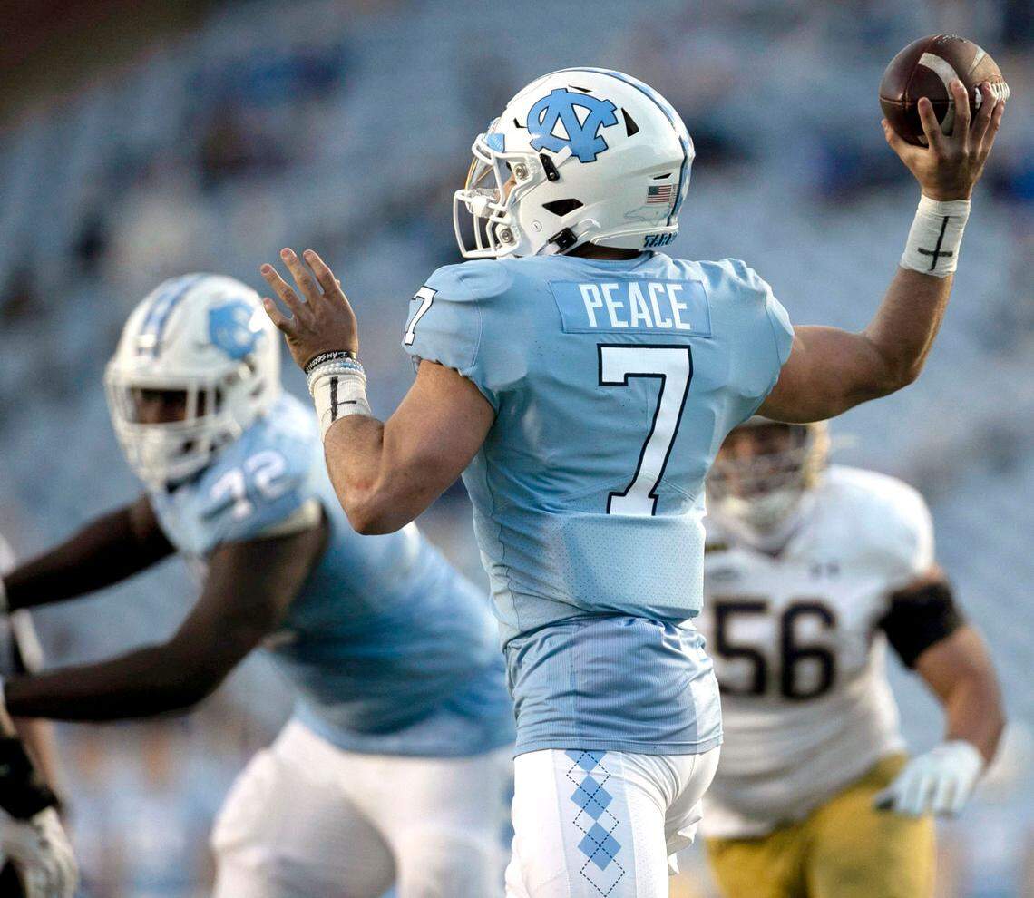 North Carolina quarterback Sam Howell (7) has replaced his last name with ‘Peace’ on the back of his game jersey during the Tar Heels’ game against Notre Dame on Friday, November 27, 2020 at Kenan Stadium in Chapel Hill, N.C.
