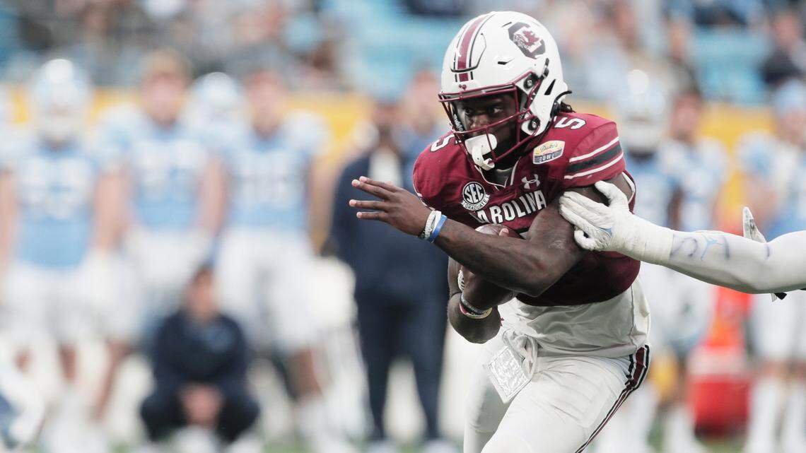 South Carolina Gamecocks wide receiver Dakereon Joyner (5) plays North Carolina at the Duke’s Mayo Bowl at Bank of America Stadium in Charlotte, North Carolina on Thursday, December 30, 2021.