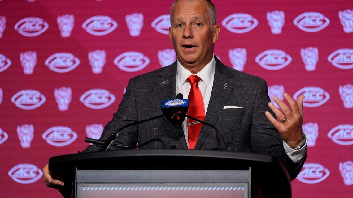 North Carolina State Wolfpack head coach Dave Doeren talks with the media during the ACC Kickoff at Hilton Charlotte Uptown. 