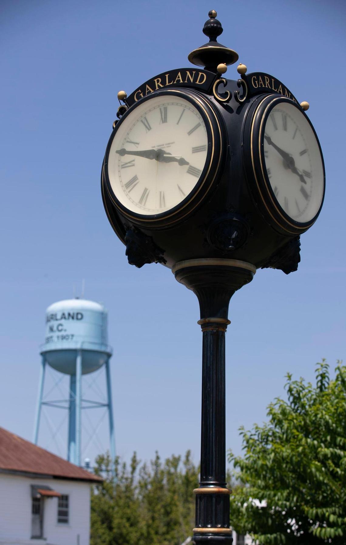 The town clock at the intersection of Front Street and Ingold Ave in the Sampson County town of Garland, N.C. on Thursday, July 16, 2020.