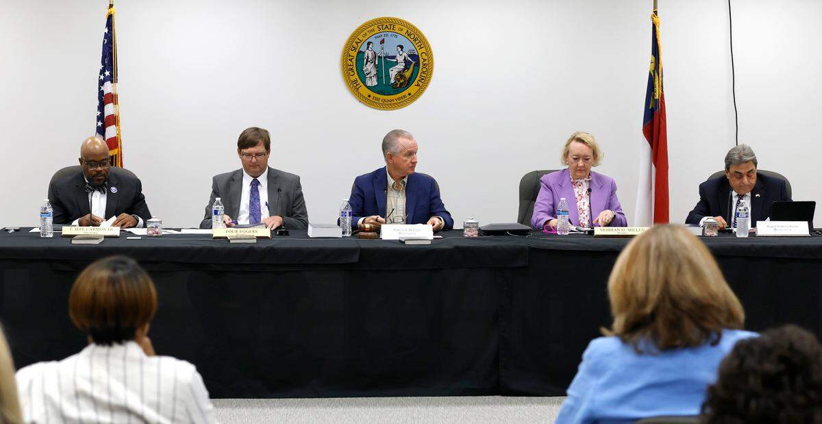 The State Board of Elections has its first meeting with its new Republican majority in the Dobbs Building in downtown Raleigh, N.C., on Wednesday, May 7, 2025. From left, Jeff Carmon, Stacy “Four” Eggers, chair Francis De Luca, Siobhan Millen and Bob Rucho.