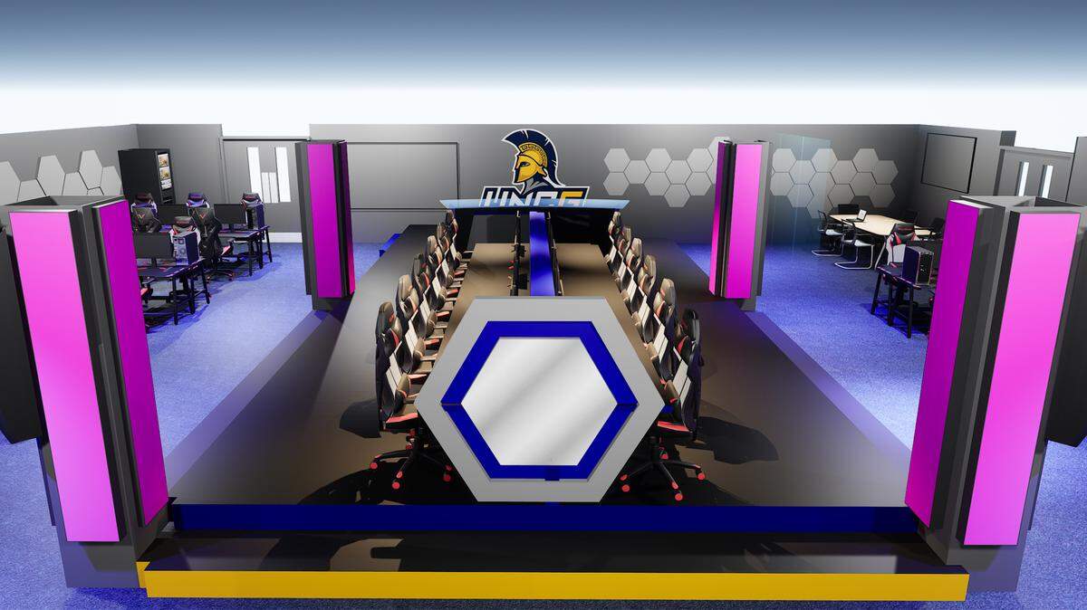 A rendering of an esports arena planned at UNC Greensboro. UNCG received $2.4 million in the state budget for “operation, equipment, technology, marketing, and programming costs associated with the creation of an esports facility on campus.”