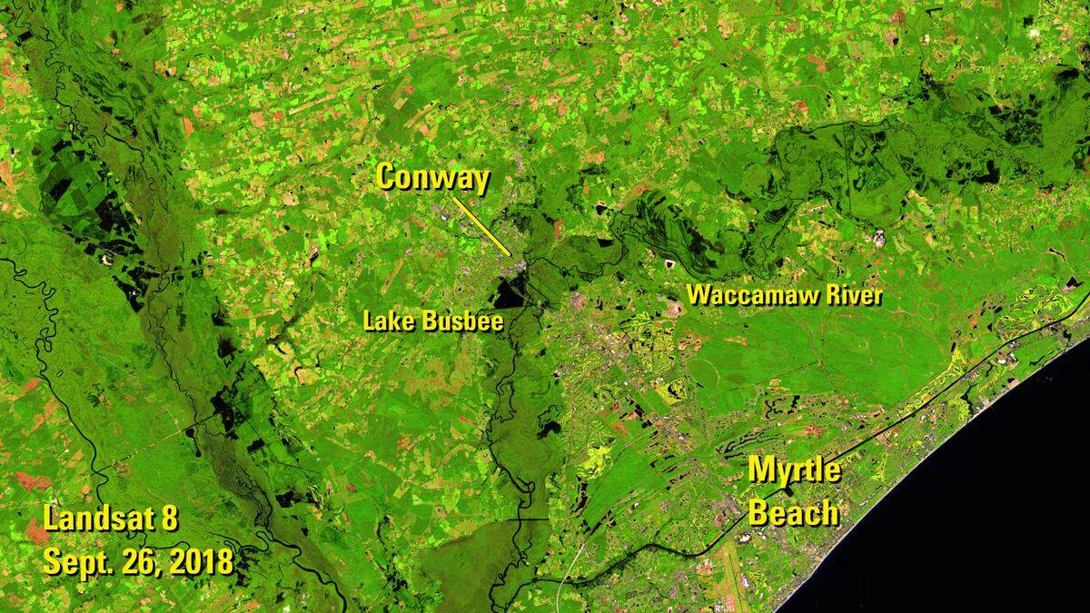A satellite image shows flooding from Hurricane Florence along the Waccamaw and Little Pee Dee rivers in South Carolina.