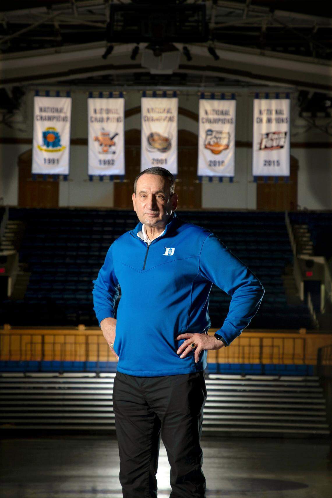 Duke Coach Mike Krzyzewski poses for a portrait in Cameron Indoor Stadium in Durham, N.C., Tuesday, Nov. 2, 2021.