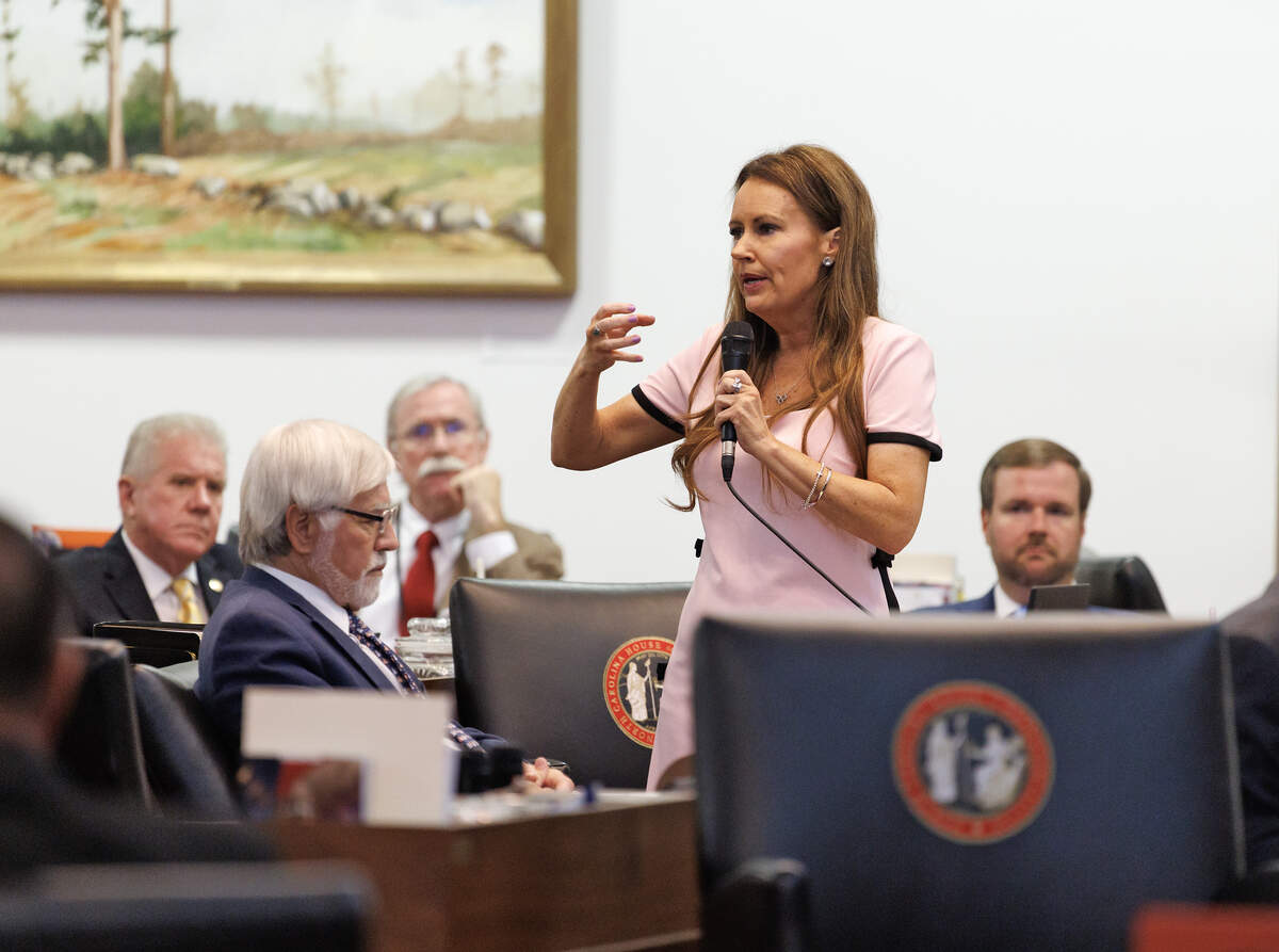 Rep. Tricia Cotham speaks about education provisions within the state budget bill during the House session on Wednesday, July 1, 2026, at the Legislative Building in Raleigh, N.C.