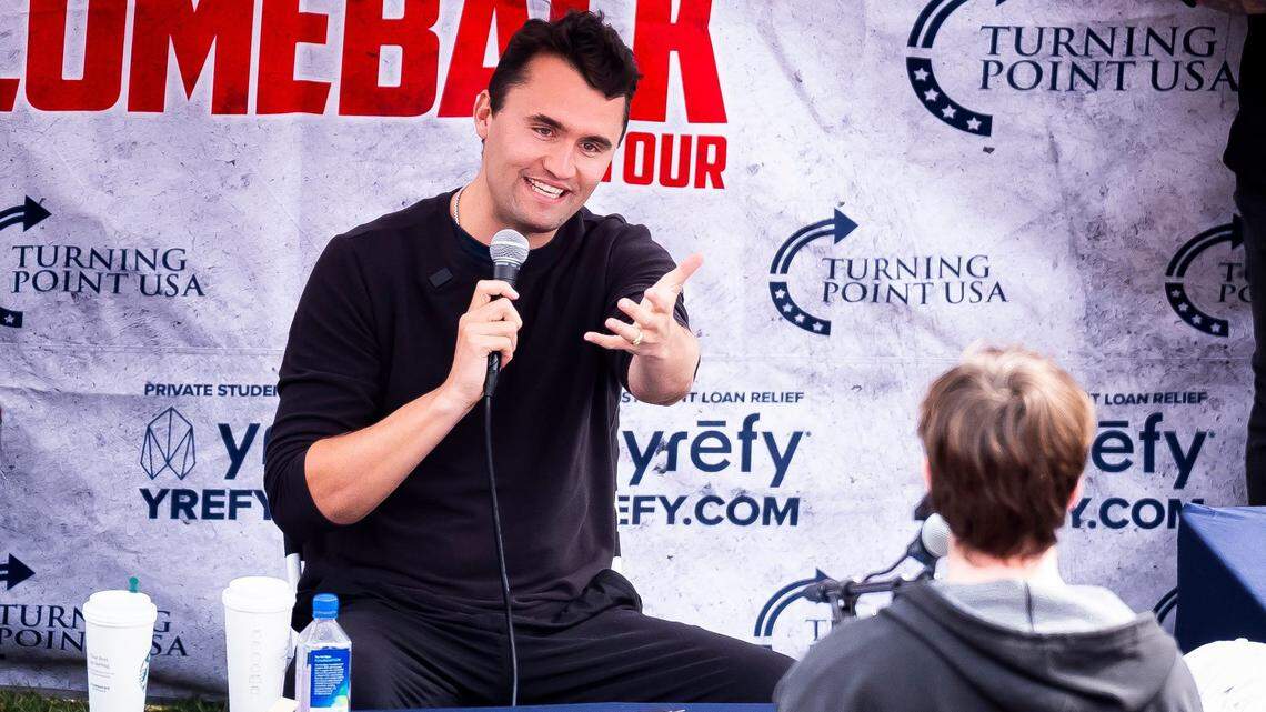Turning Point USA founder and CEO Charlie Kirk debates students during his American Comeback Tour event held at the Humanities Amphitheatre on the University of Tennessee's campus in Knoxville on Thursday, March 13, 2025.