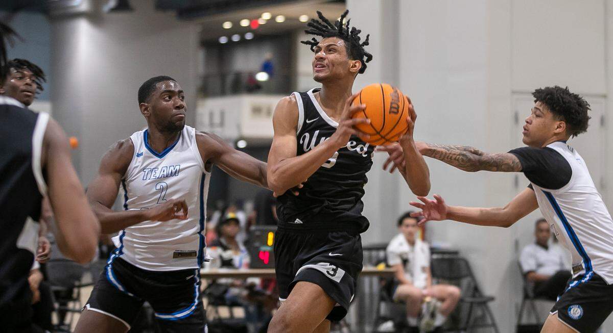 Jarin Stevenson (3) competes during an AAU Tournament game with his Team United on Saturday, April 15, 2023 at the Raleigh Convention Center in Raleigh, N.C.