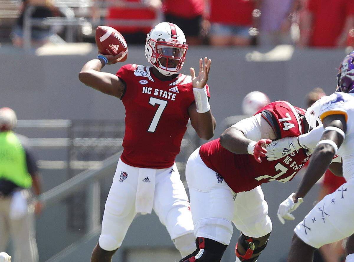 N.C. State quarterback Matt McKay prepares to pass during the first half of N.C. State’s game against East Carolina University at Carter-Finley Stadium in Raleigh, N.C., Saturday, August 31, 2019.