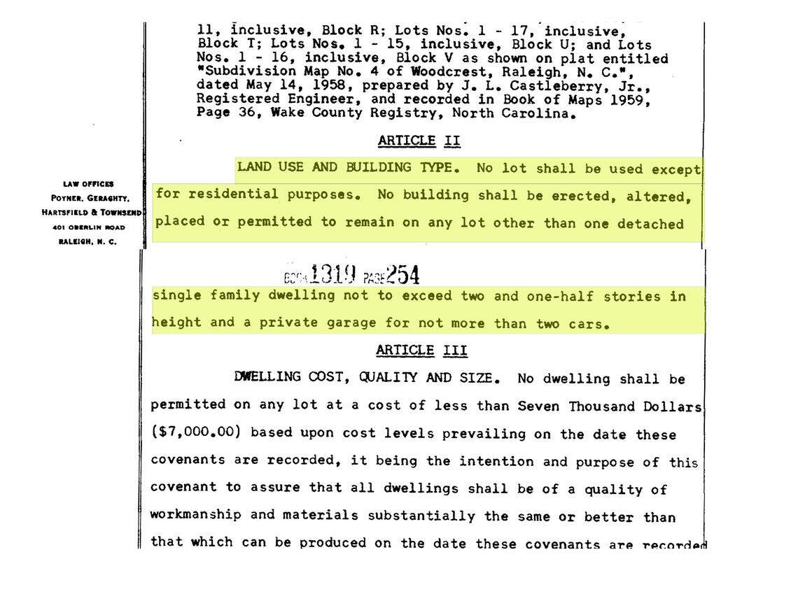 This Woodcrest covenant states that only detached, single-family, two-and-a-half-story homes can be built in the subdivision. The George Building Company recorded the covenants in the Wake County Registry on May 28, 1958.