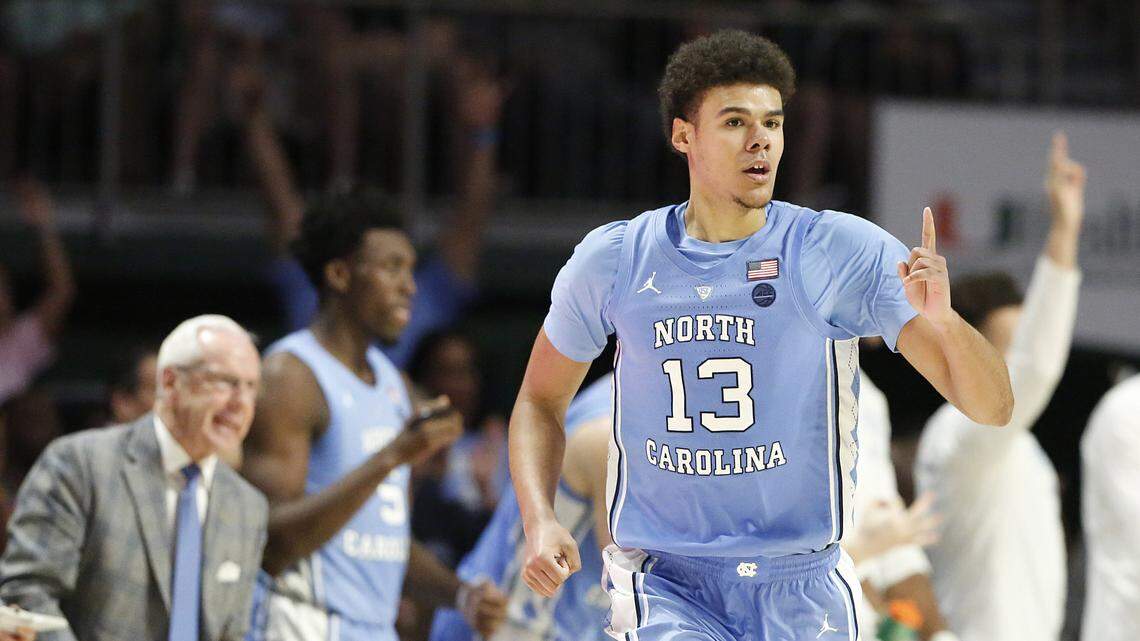 North Carolina guard Cameron Johnson gestures after scoring during the second half of an NCAA college basketball game against Miami on Saturday, Jan. 19, 2019, in Coral Gables, Fla.