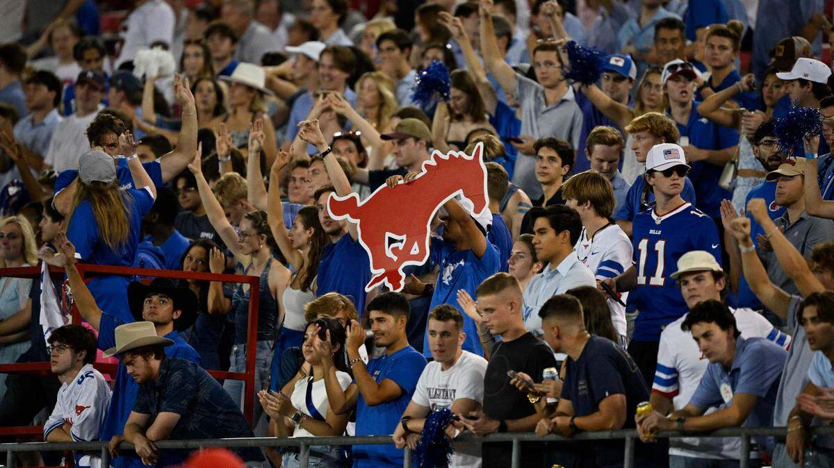 Sep 28, 2024; Dallas, Texas, USA; A view of the Southern Methodist Mustangs fans and a SMU logo during the game between the Southern Methodist Mustangs and the Florida State Seminoles at Gerald J. Ford Stadium.