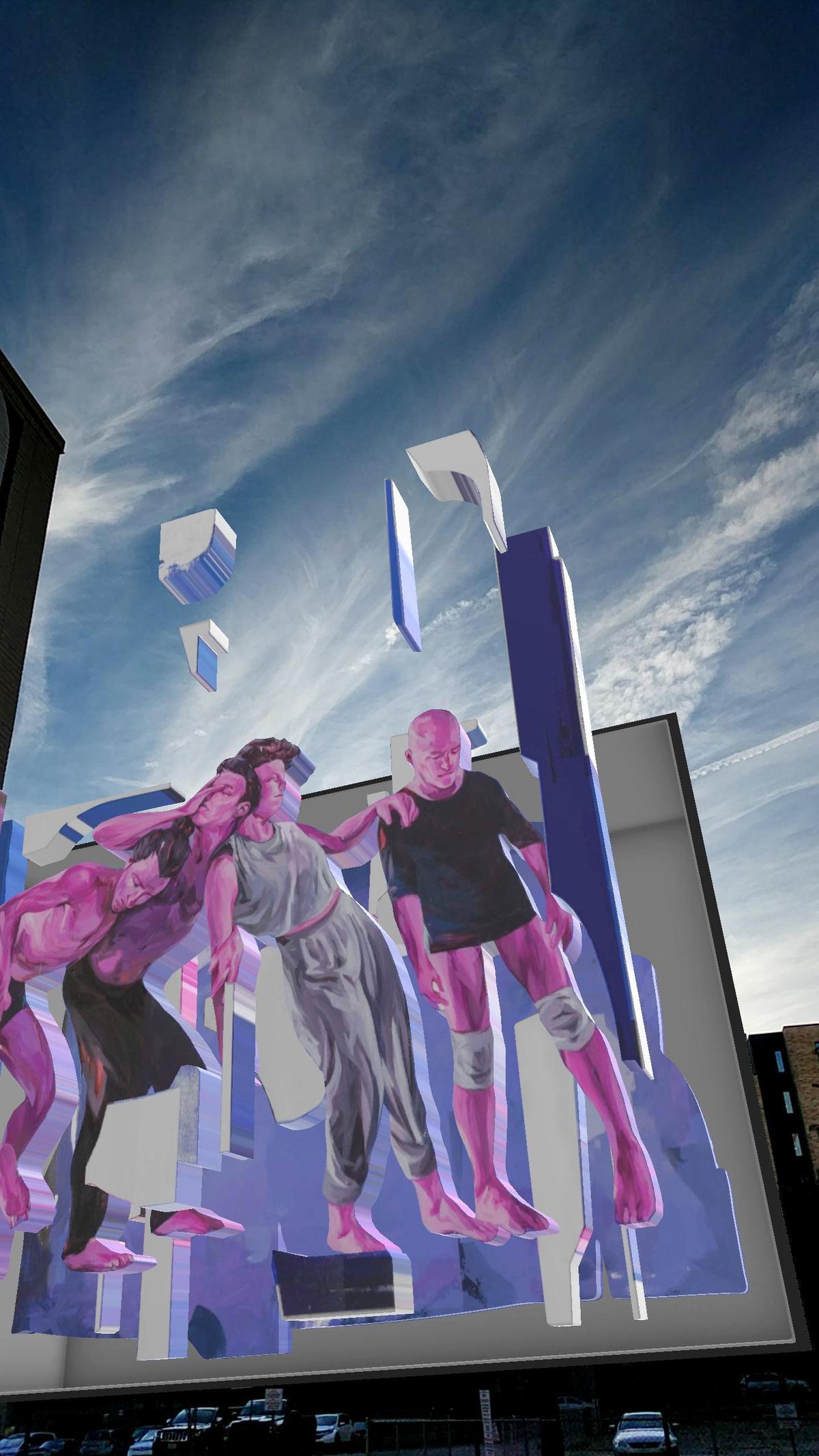 The Google Fiber A.R. mural located on the the Alfred Williams Building in downtown Raleigh as shown using the mural’s Google app called “Abstracted Motion” which allows viewers to experience the A.R. features.