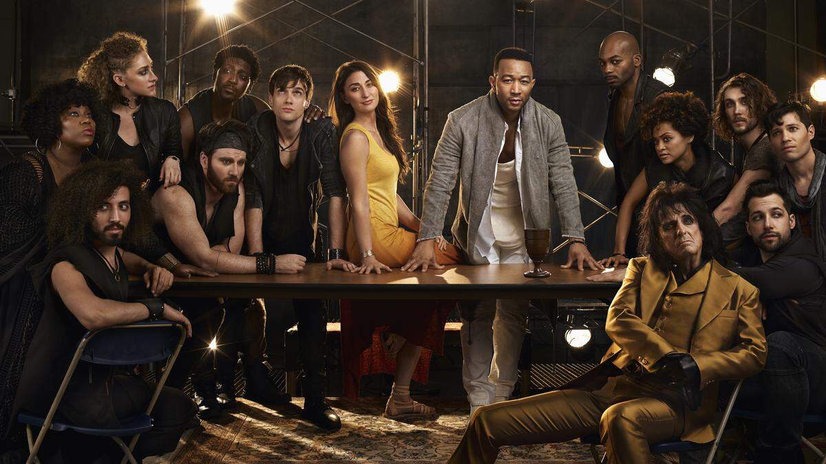 The ensemble cast of "Jesus Christ Superstar Live in Concert": (L-R) center: Sara Bareilles as Mary Magdalene, John Legend as Jesus Christ, Brandon Victor Dixon as Judas Iscariot, Jason Tam as Peter. Front: Alice Cooper as King Herod.