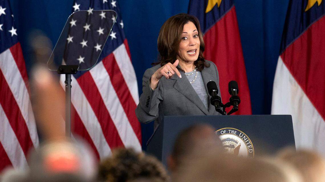 Vice President Kamala Harris speaks during a campaign event at James B. Dudley High School on Thursday, July 11, 2024, in Greensboro, N.C.