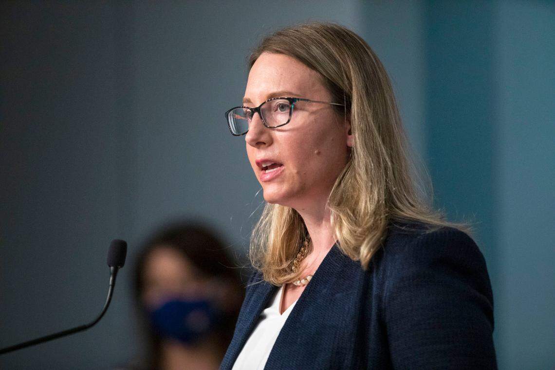 Laura Hogshead, the chief operating officer of the North Carolina Office of Recovery and Resiliency, speaks about the adaptation of hurricane recovery efforts during the coronavirus pandemic during a briefing Monday, Jun. 15, 2020, at the N.C. Emergency Operations Center in Raleigh, N.C.