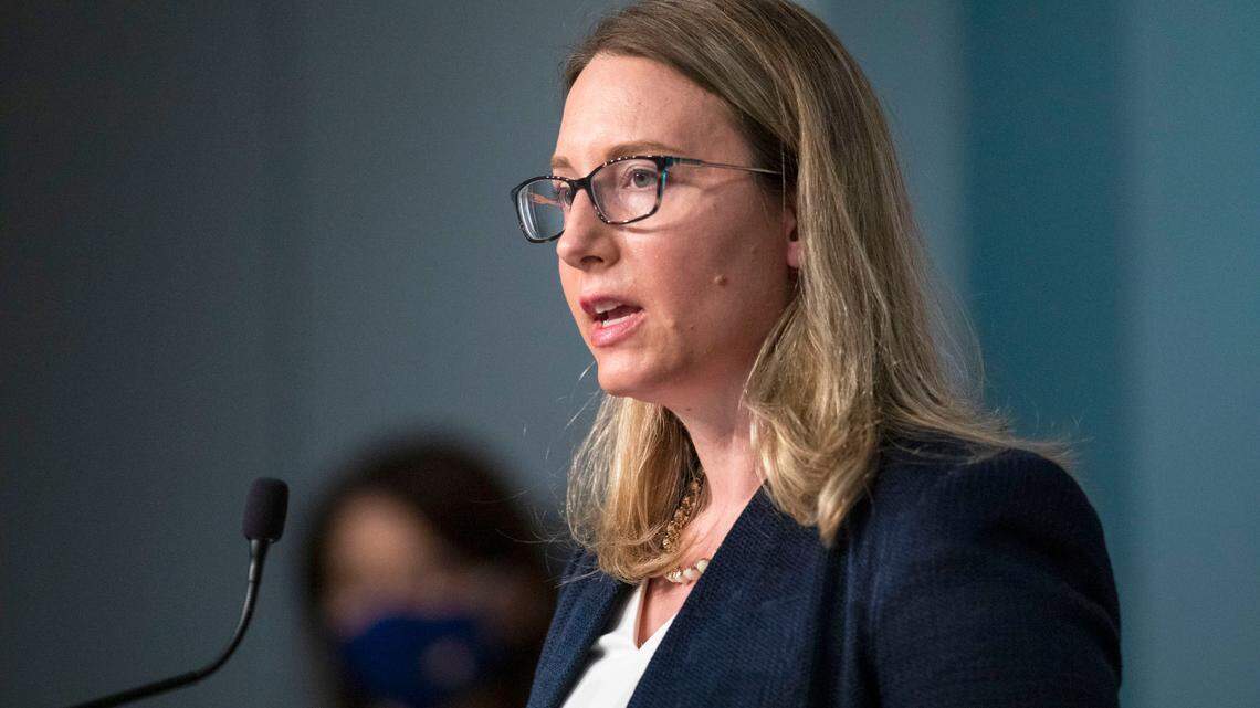 Laura Hogshead, the chief operating officer of the North Carolina Office of Recovery and Resiliency, speaks about the adaptation of hurricane recovery efforts during the coronavirus pandemic during a briefing Monday, Jun. 15, 2020, at the N.C. Emergency Operations Center in Raleigh, N.C.