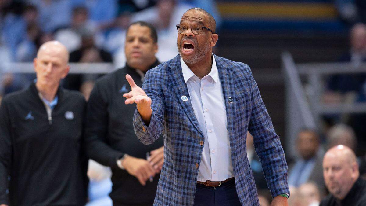 North Carolina coach Hubert Davis directs his team on offense in the first half against American University on Friday, November 15, 2024 at the Smith Center in Chapel Hill, N.C
