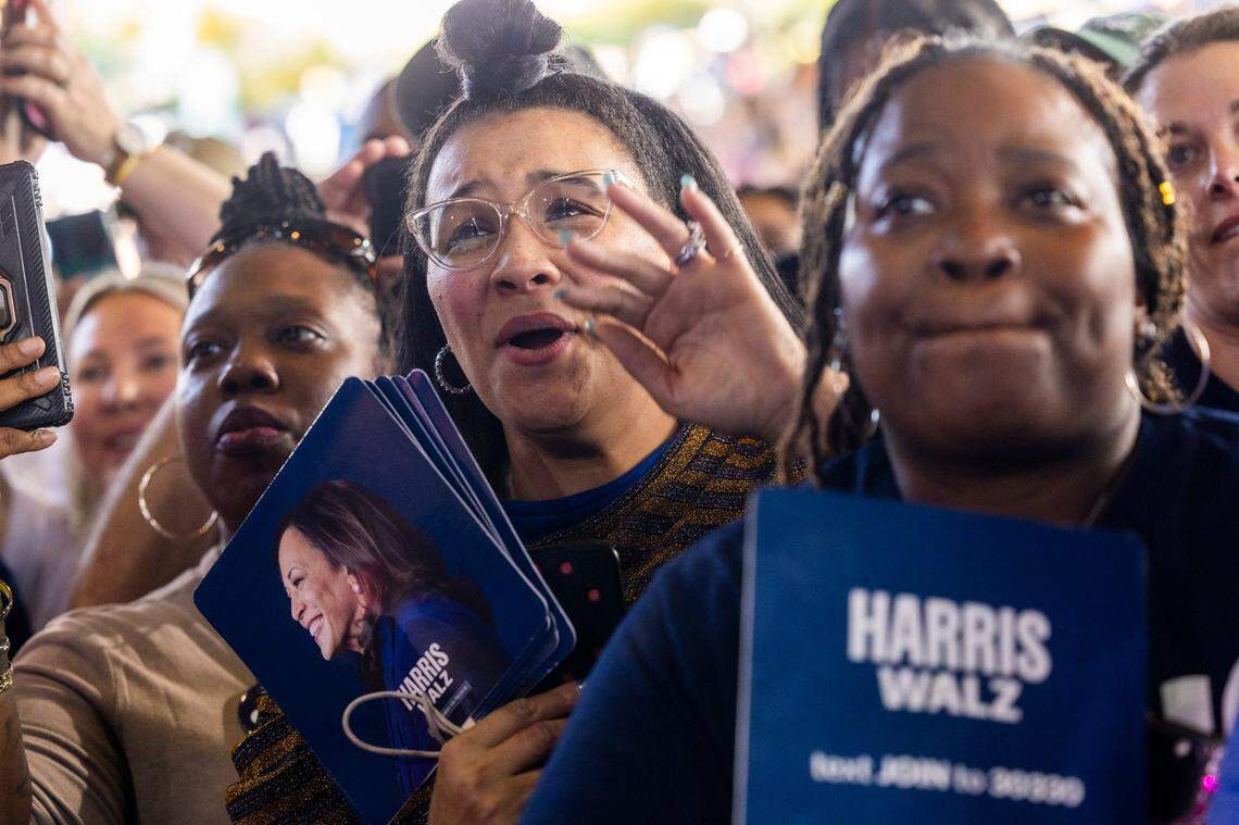 Supporters cheer on Vice President Kamala Harris as she speaks speaks during a rally at Coastal Credit Union Music Park at Walnut Creek in Raleigh on Wednesday, Oct. 30, 2024.
