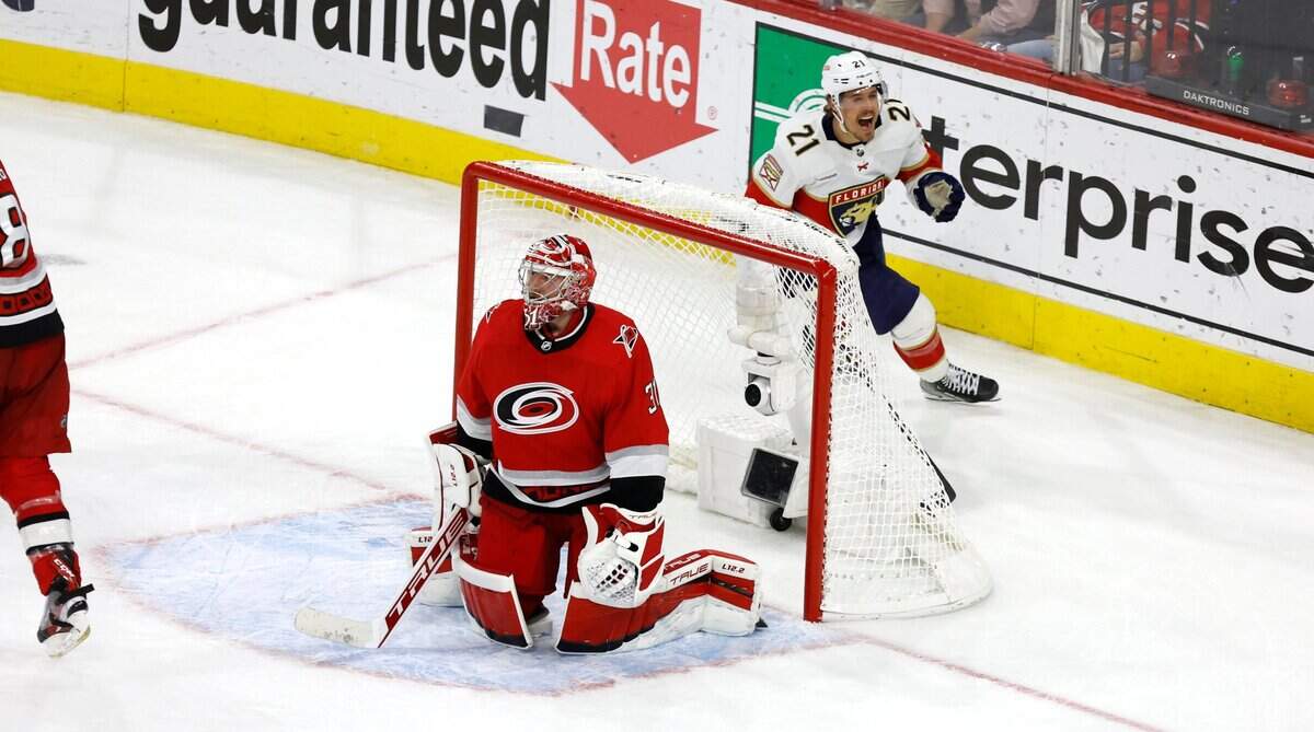 Florida center Nick Cousins (21) celebrates a goal by Matthew Tkachuk in the fourth overtime to give the Panthers a 3-2 victory over the Carolina Hurricanes in the first game of Eastern Conference Finals at PNC Arena in Raleigh, N.C., early Friday morning, May 19, 2023.