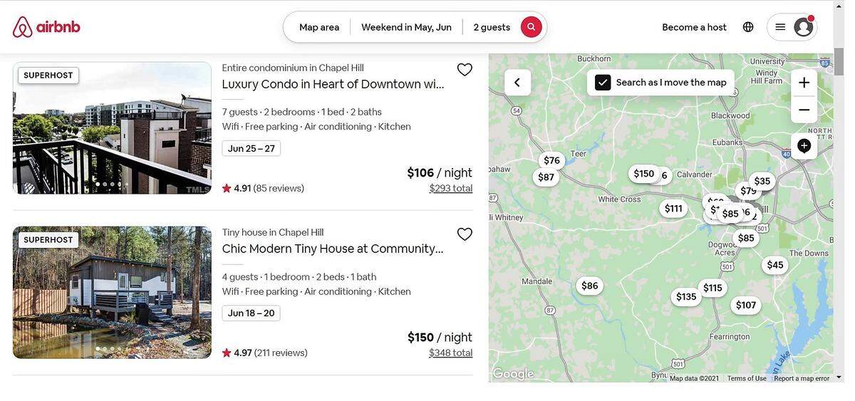 Airbnb offers over 200 whole house rental units in the Chapel Hill area, from tiny houses to apartments and homes with several bedrooms.