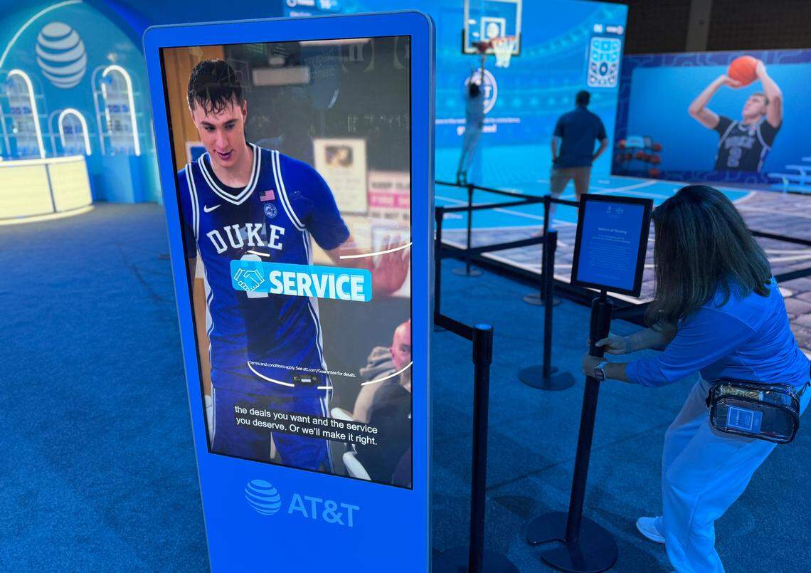 An AT&T ad featuring Cooper Flagg plays at AT&T’s interactive game at the Men’s Final Four Fan Fest in San Antonio, Texas, Thursday, April 3, 2025.