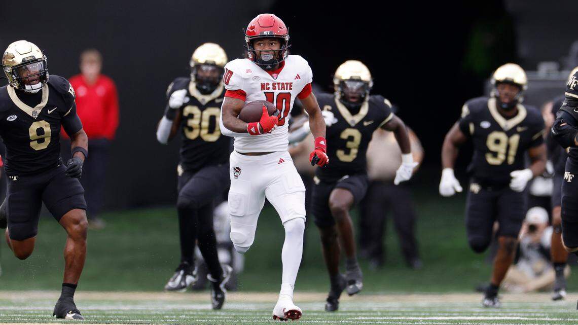 N.C. State’s KC Concepcion (10) breaks free on a 65-yard run during the first half of N.C. State’s game against Wake Forest at Allegacy Stadium in Winston-Salem, N.C., Saturday, Nov. 11, 2023.