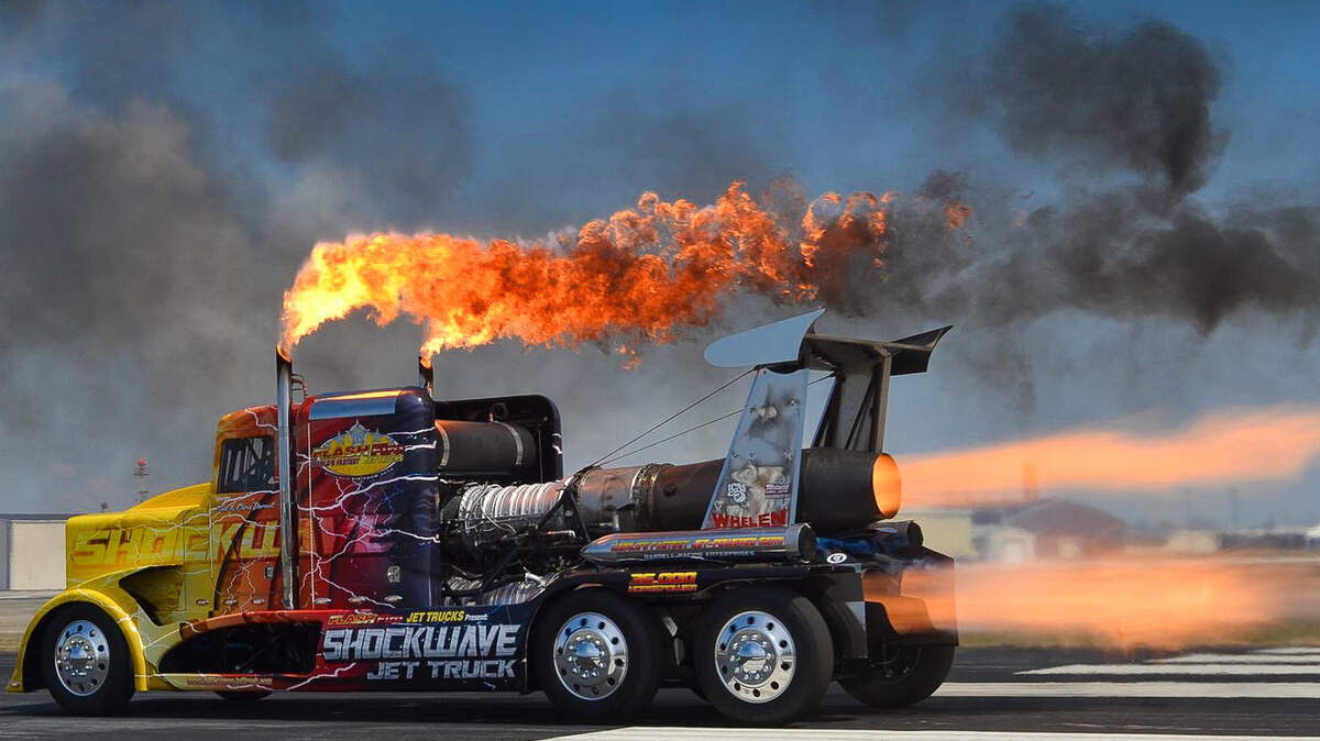 The Shockwave jet truck was built by Les Shockley in the 1980s and driven by Chris Darnell in recent years. Darnell was killed when the truck crashed at the Battle Creek Field of Flight Air Show and Balloon Festival in Michigan on Saturday, July 2, 2022.