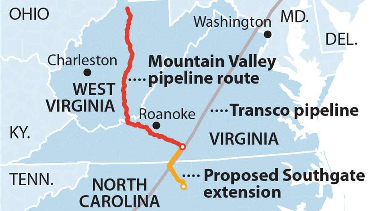 With the Mountain Valley Pipeline back on track, an extension may run 40 miles into North Carolina. (Map:courtesy of IEEFA.org)