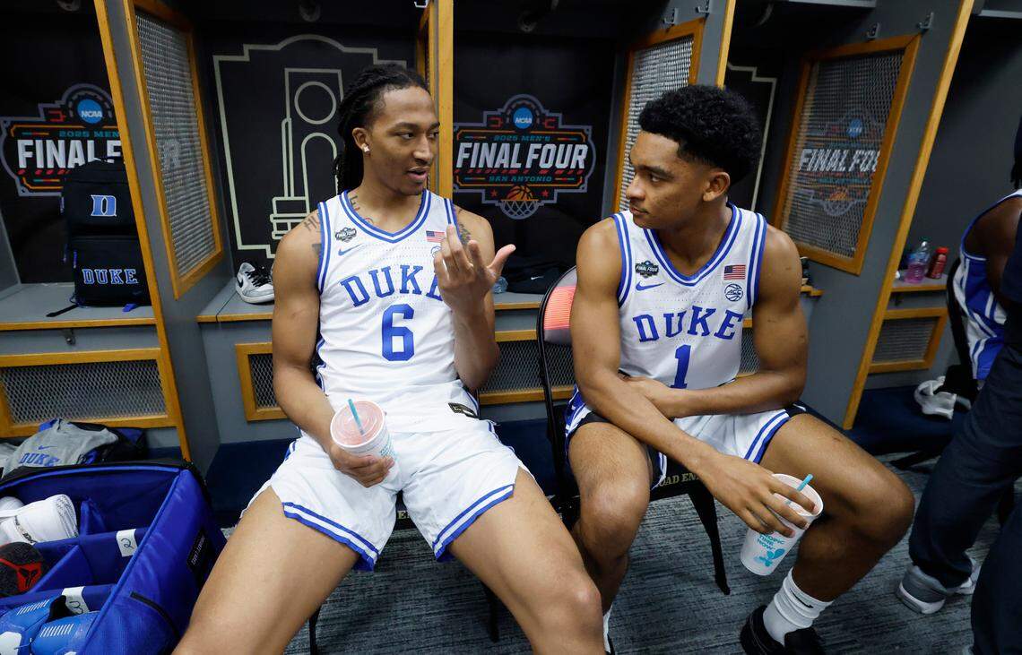 Duke’s Maliq Brown talks with Caleb Foster during a media open locker room availability at the Alamodome in San Antonio, Texas, Thursday, April 3, 2025. Duke faces Houston in the national semifinal Saturday.