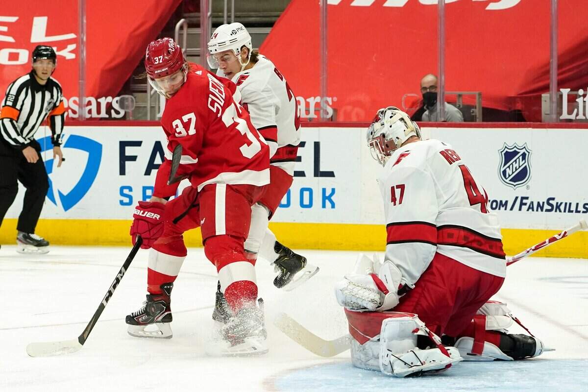 Carolina Hurricanes goaltender James Reimer (47) stops a deflection from Detroit Red Wings left wing Evgeny Svechnikov (37) as Jake Bean (24) defends in the second period of an NHL hockey game Tuesday, March 16, 2021, in Detroit. (AP Photo/Paul Sancya)