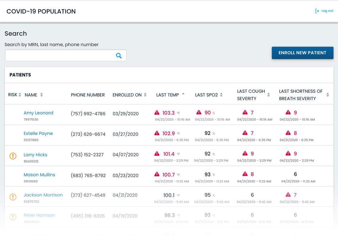 An example of how Validic’s coronavirus monitoring platform would appear to users.